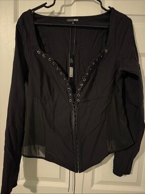 Fashion Nova Black Lace-Up Sheer Panel Long Sleeve Top